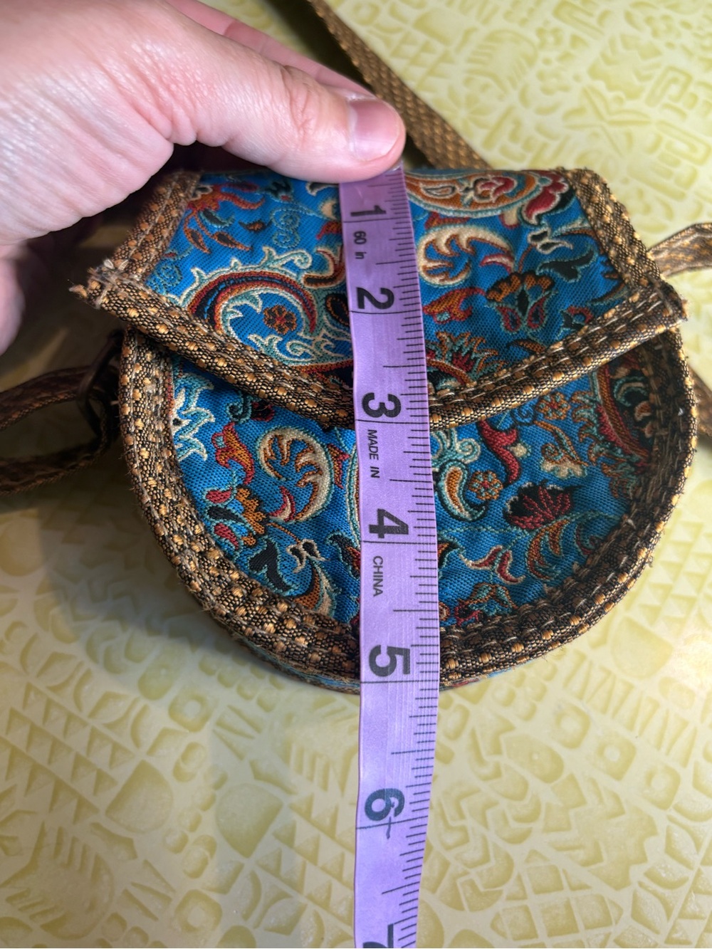 Handcrafted Blue Paisley Crossbody Bag with Brown Trim - Picture 8 of 9